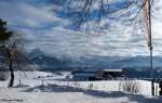 Blick am Nachmittag auf den Allgäuer Hauptkamm mit dem Rubihorn (linke Seite neben dem Baum) und weiß-blauem Himmel von Ofertschwang-Schweineberg aus (Januar 2012)