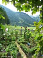 Bauerngarten, klein aber fein mit Blick durch das Stillachtal, vom Gasthof/Pension ADLER in Birgsau (Oberallgäu - August 2010)