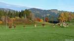 Hörnergruppe im Hintergrund - auf dem rechten der Erhebungen ist der  Allgäuer Berghof  zu erahnen, gesehen von Ofterschwang-Schweineberg (Landkreis Oberallgäu, Bayern, Oktober 2013)