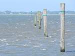 An der Nordseeküste vor Neuharlingersiel am 09.08.24. Das Fahrwasser durch das Wattenmeer zur Insel Spiekeroog ist mit Holzpfählen markiert. Die Fahrpläne der Fähren orientieren sich an den Gezeiten.