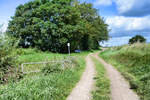 Die Landschaft am Grenzübergang zwischen Ellhöft und Lydersholm an der deutsch-dänischen Grenze im Kreis Nordfriesland. Aufnahme: 11. August 2024.