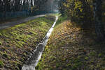 Der Commebach im herbstlichen Gegenlicht in Eu-Flamersheim. Dieses  Rinnsal  hat sich bei der Flut 2021  aufgefüllt  und Autos mitgerissen. 