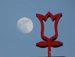 Fast Vollmond neben der Blume auf dem Grugaturm im Grugapark in Essen (NRW, Februar 2019)